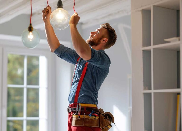 A person checking switches inside a home electrical panel with protective gloves.