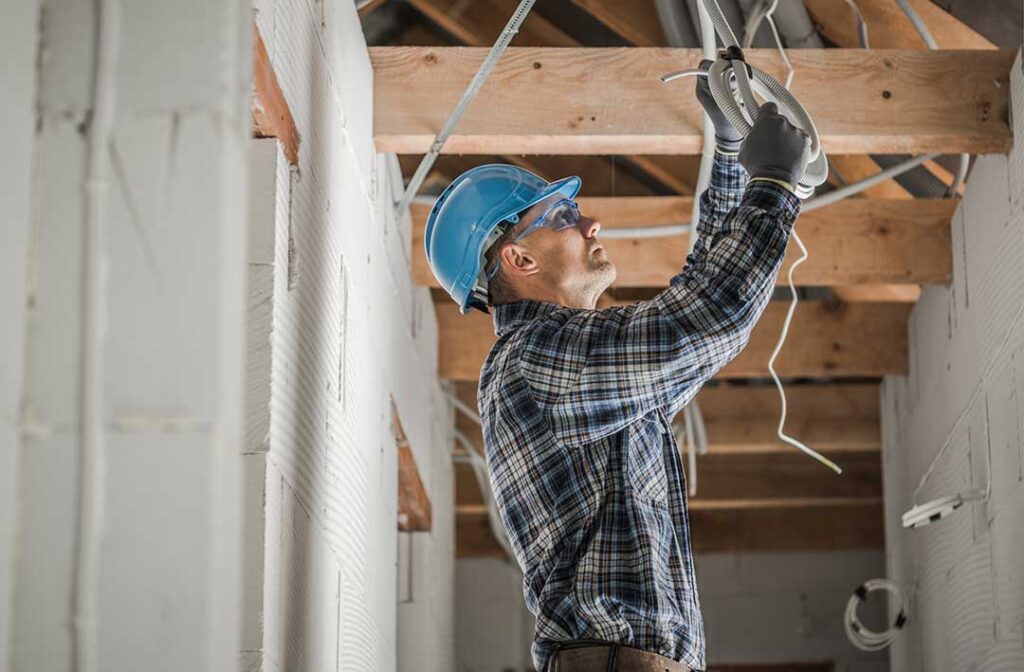 A homeowner observes a flickering ceiling light while an electrician examines the nearby switch and electrical panel.