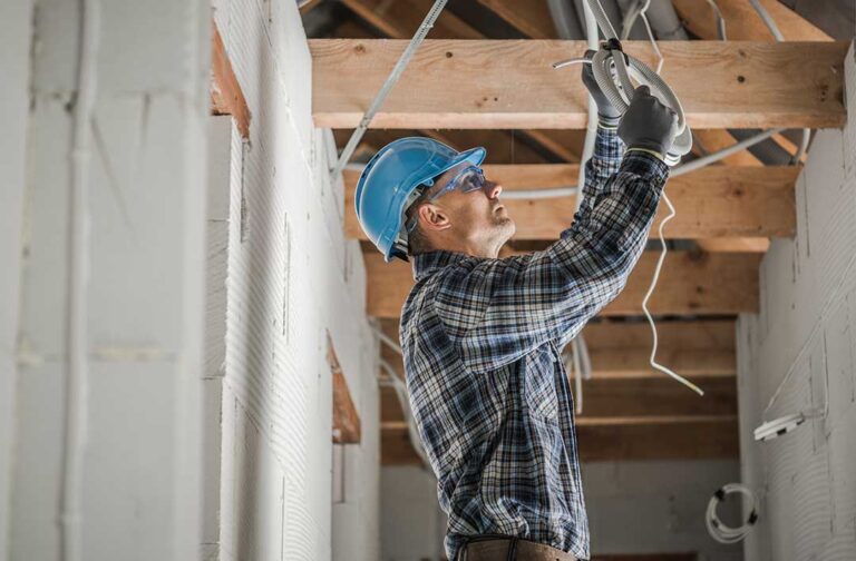 A homeowner observes a flickering ceiling light while an electrician examines the nearby switch and electrical panel.